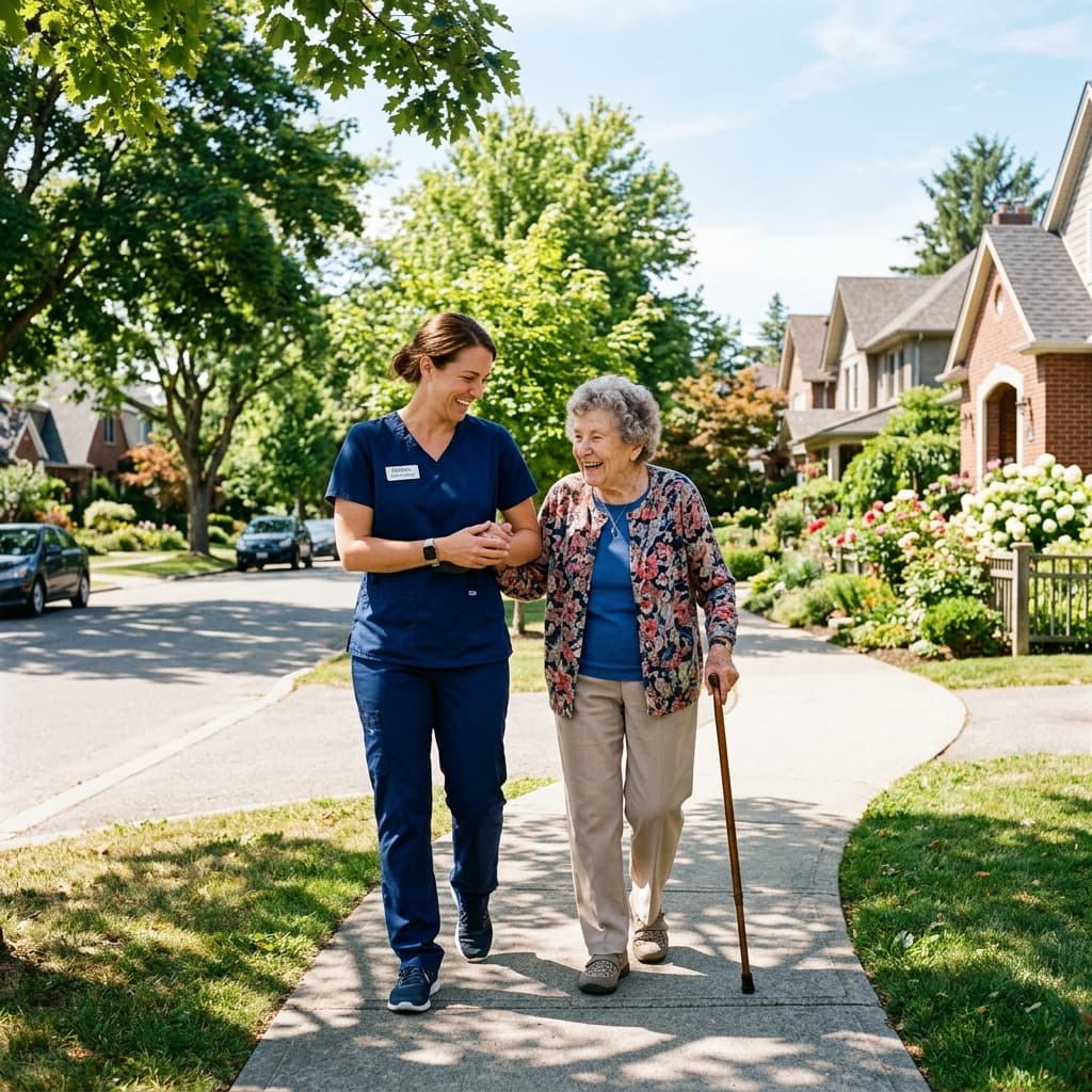 Caregiver walking with an elderly woman in a sunny suburban neighborhood
