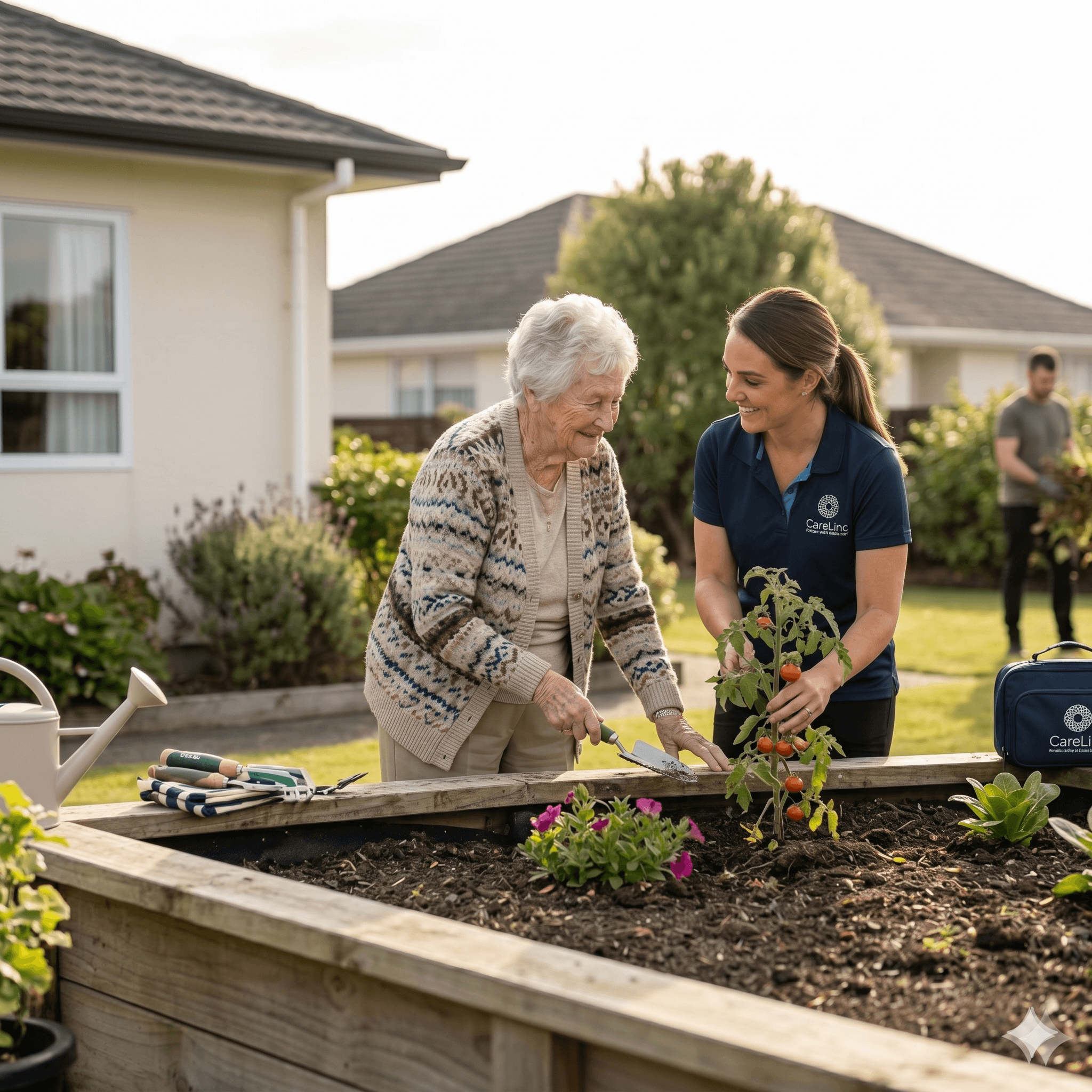 Caregiver and elderly woman in a garden