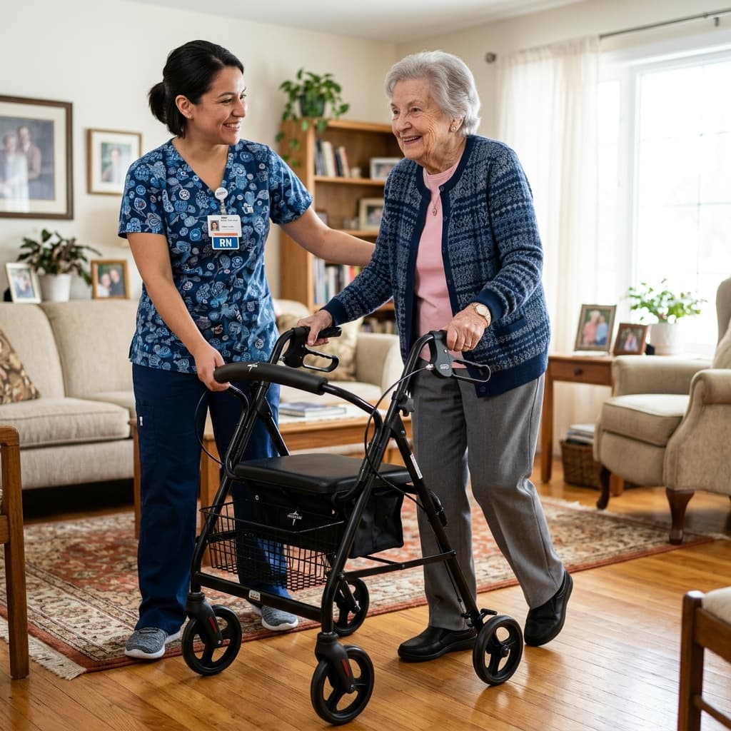 Caregiver helping senior walk with rollator