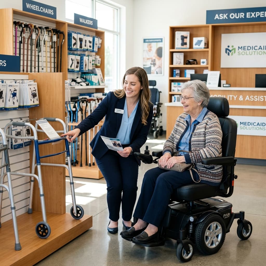 Salesperson showing electric wheelchair to customer
