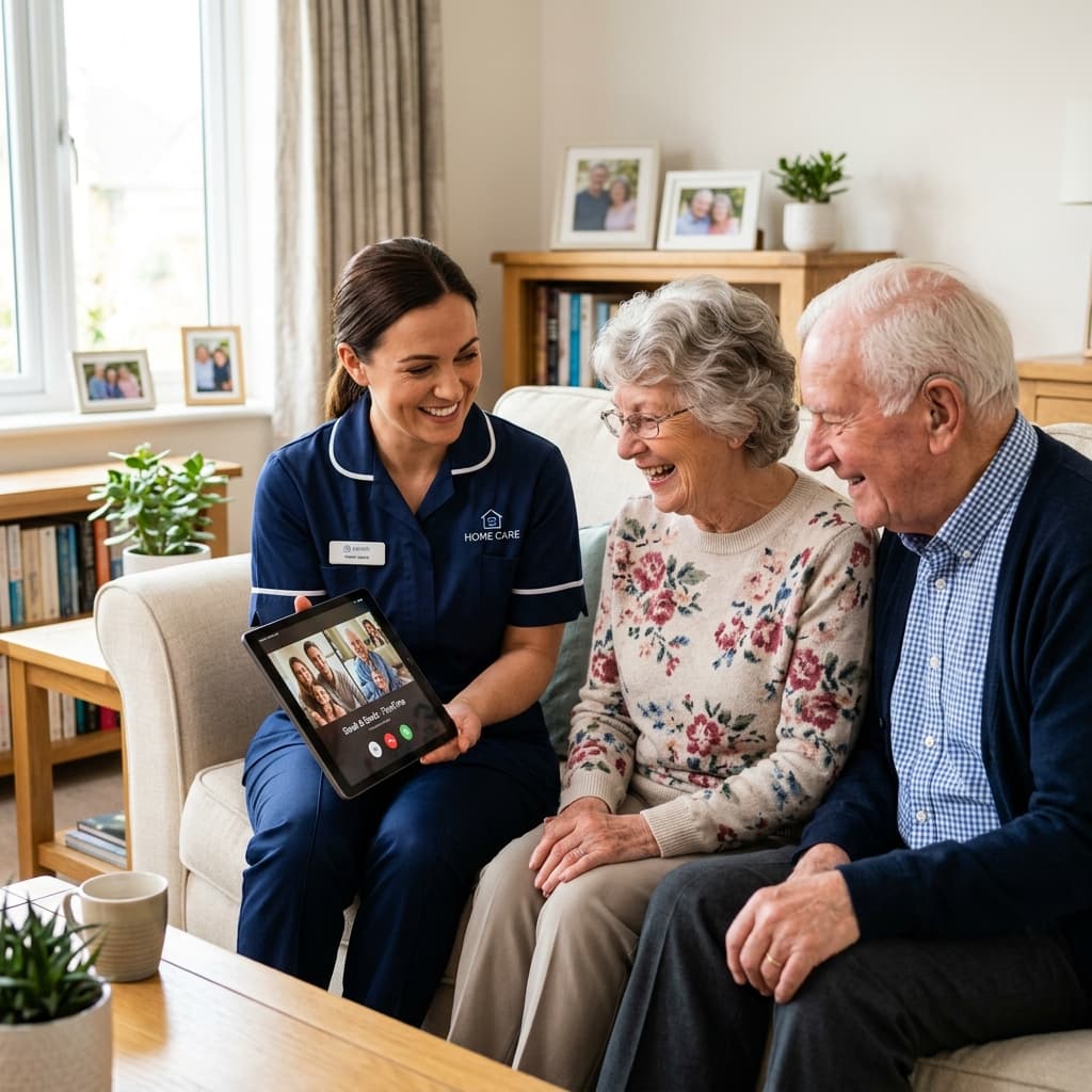 Caregiver explaining tablet to seniors