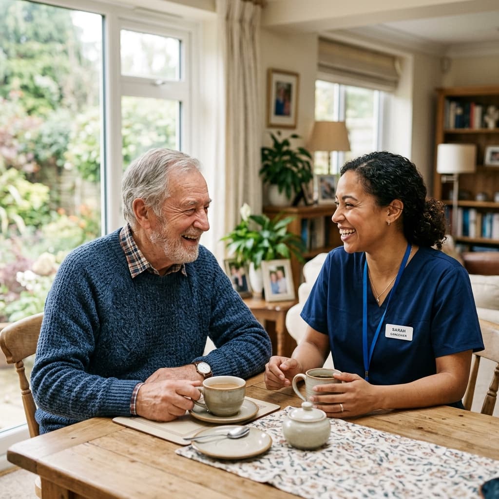 Caregiver and elderly man having coffee