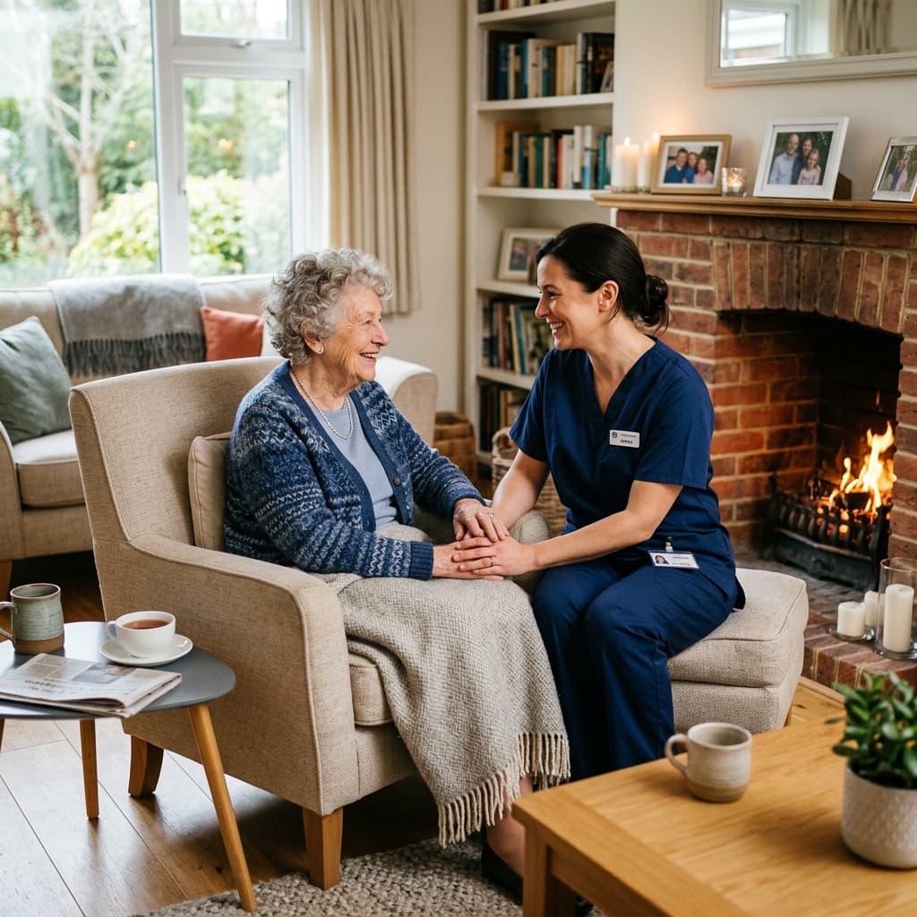 Caregiver sitting by a fireplace with an elderly woman