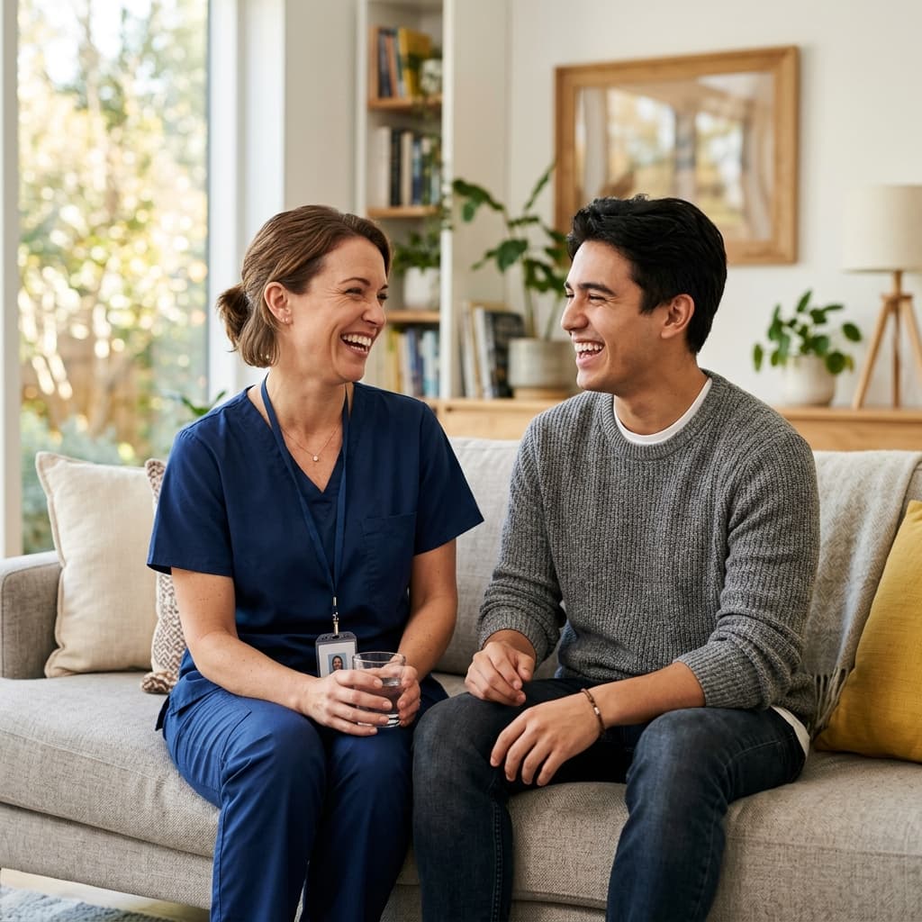 Caregiver and client laughing together