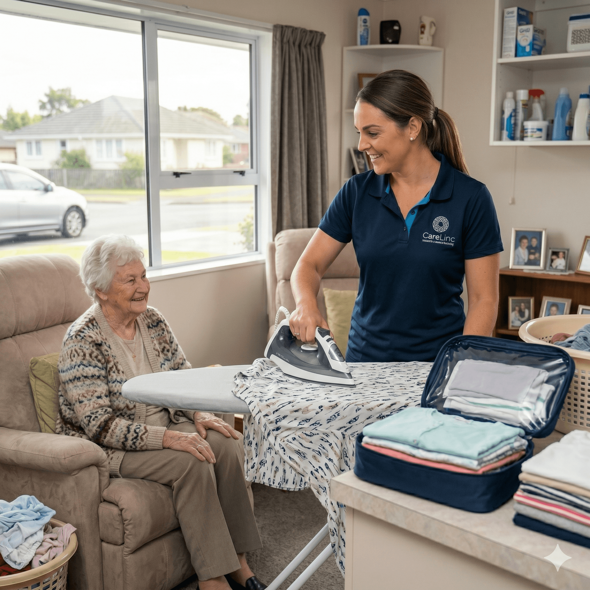 Caregiver assisting elderly woman with groceries