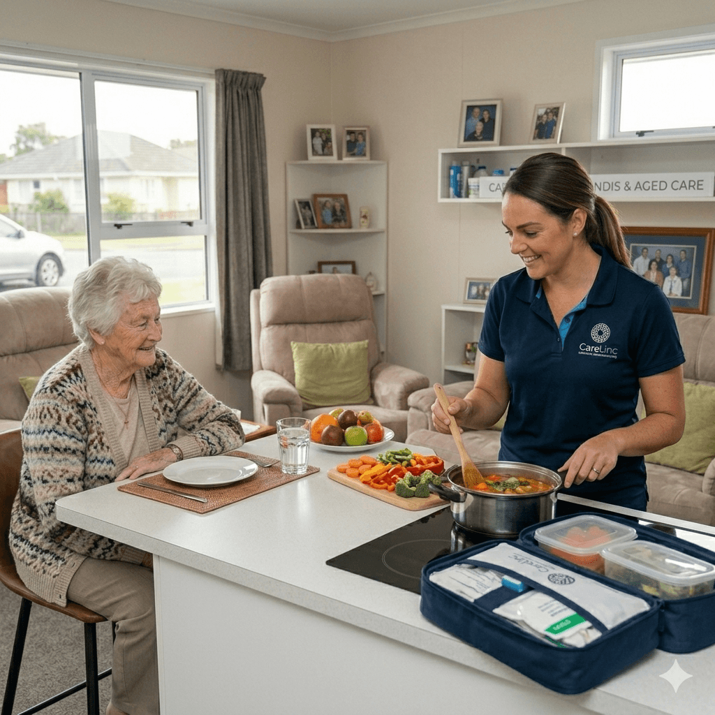 Caregiver and elderly man preparing food in the kitchen
