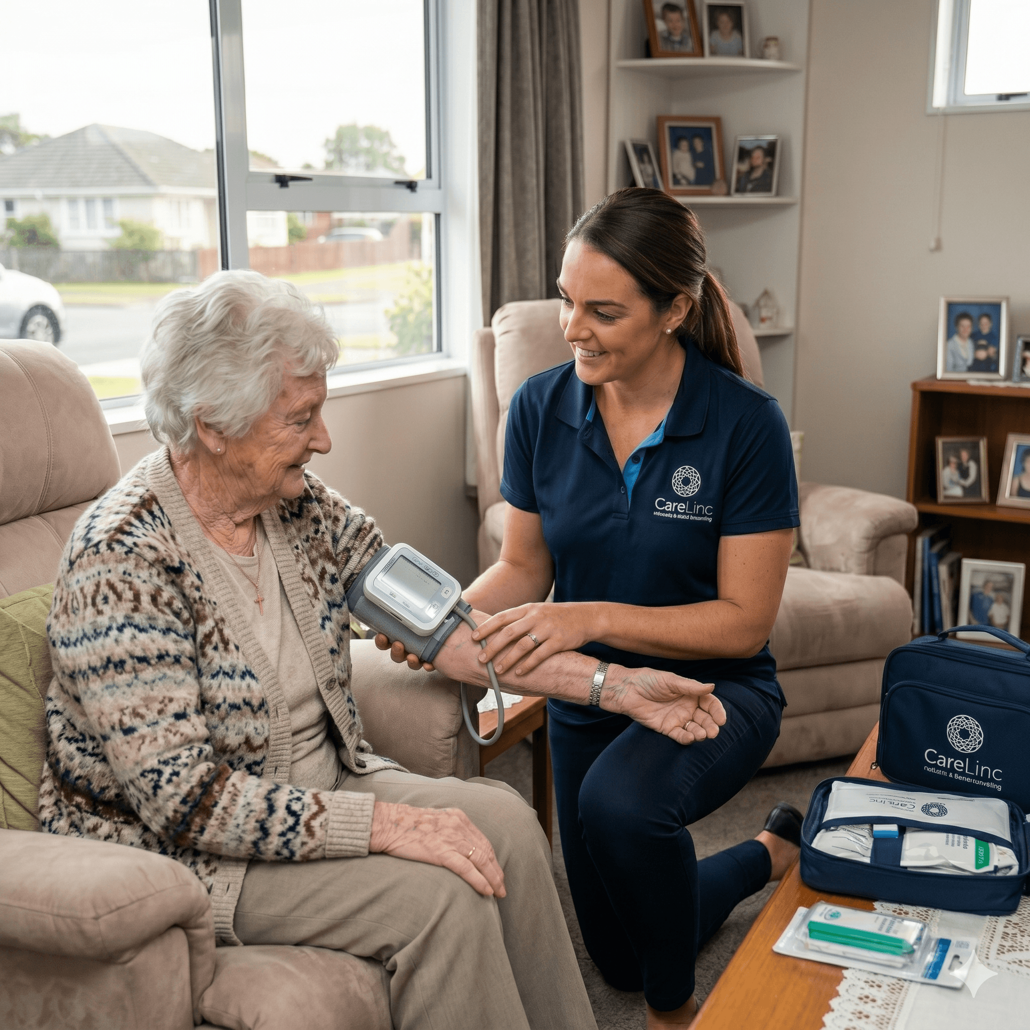 Nurse taking blood pressure of elderly man