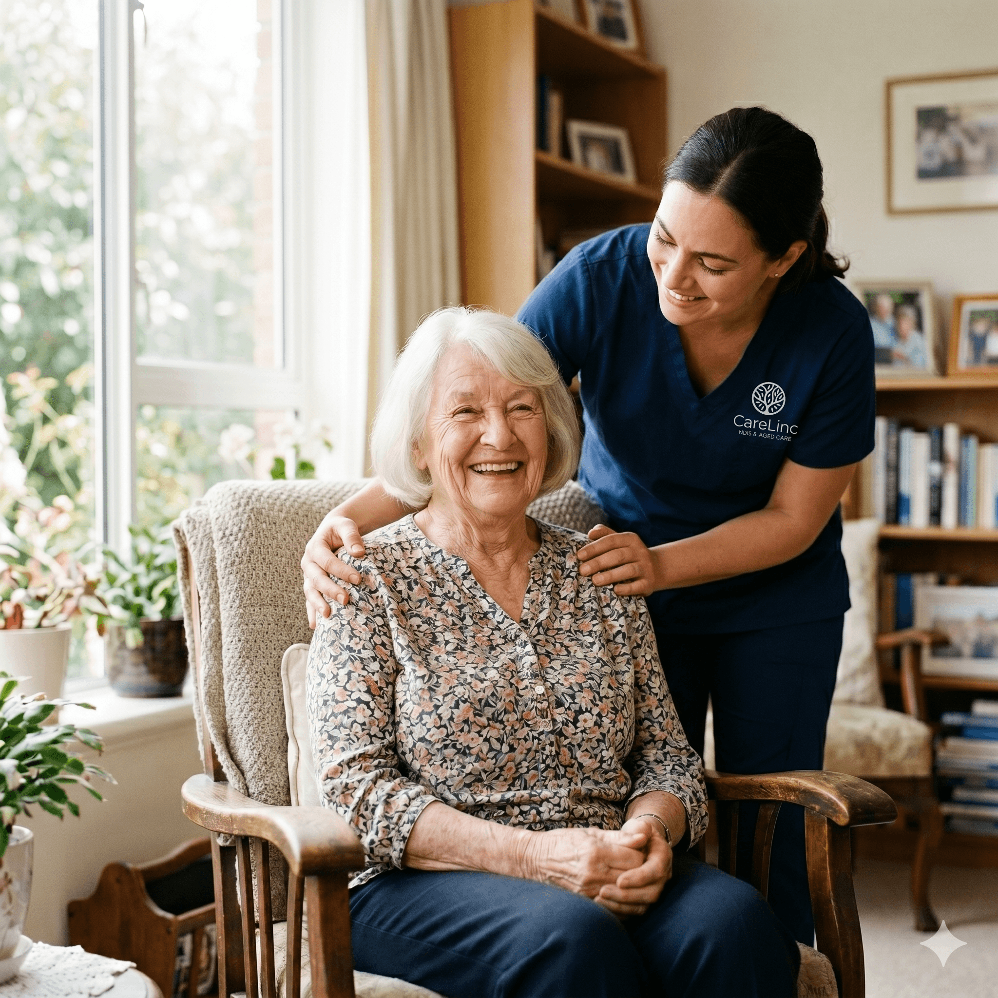 Caregiver supporting an older adult from behind, smiling together