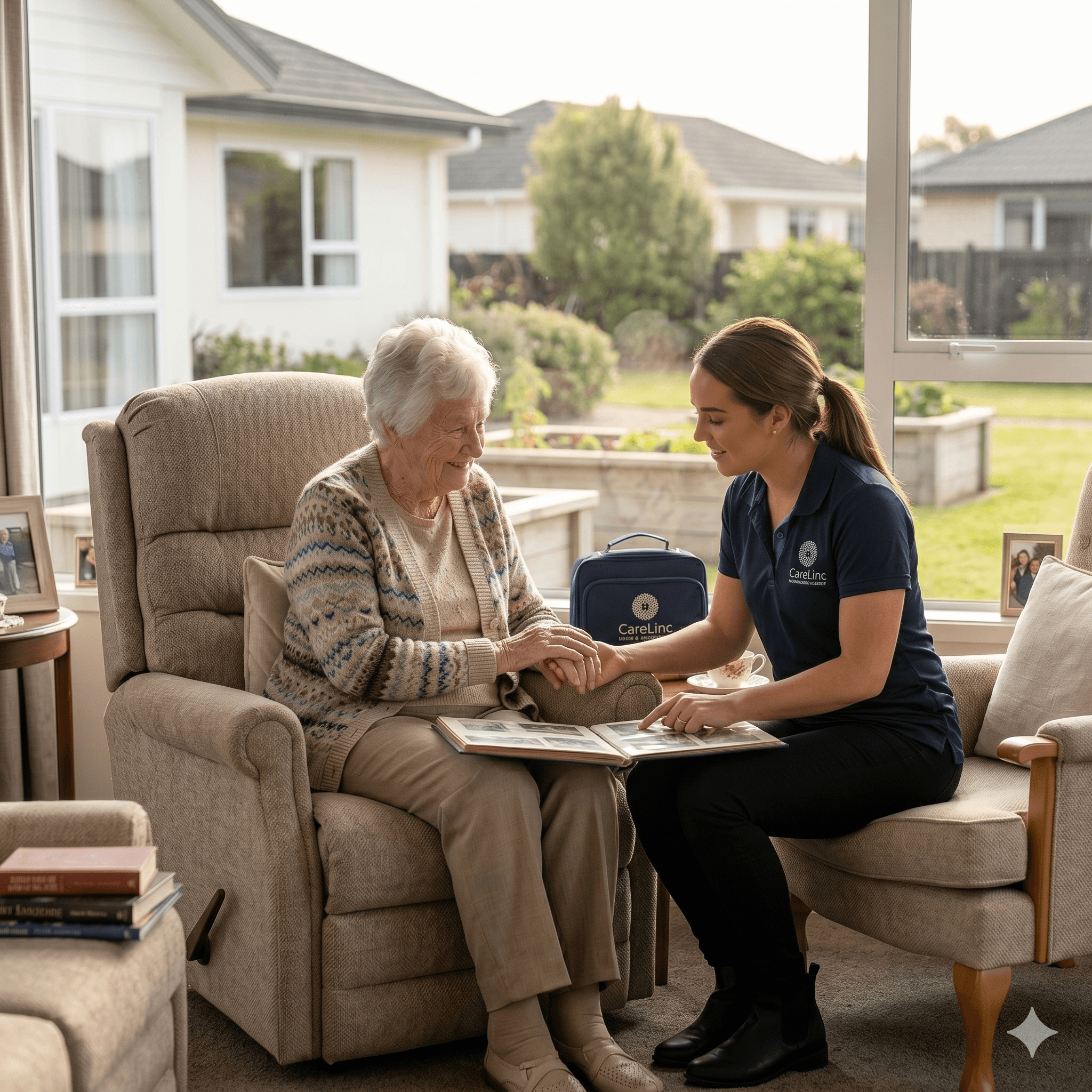 Caregiver looking at a photo album with an elderly woman