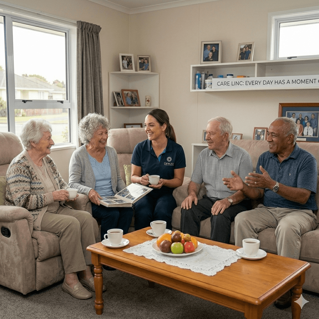 Male caregiver and elderly woman laughing and looking at a photo album